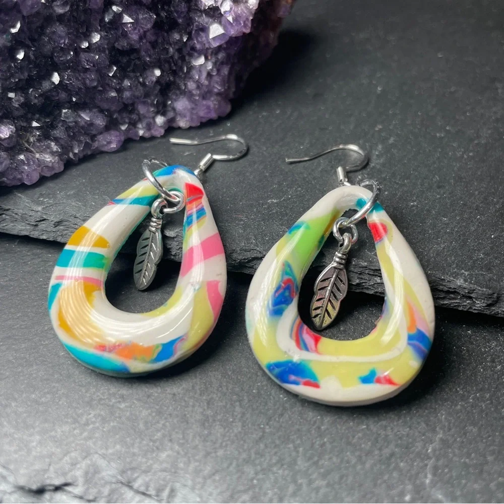 Custom Made Clay Teardrop Earrings With Antique Silver Feather Charms - Picture 4 of 11